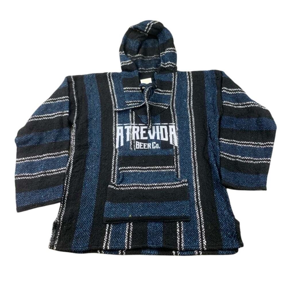 Baja Atrevida Beer‎ Co. Poncho Hoodie Men M Blue Pullover Mexican Striped Woven